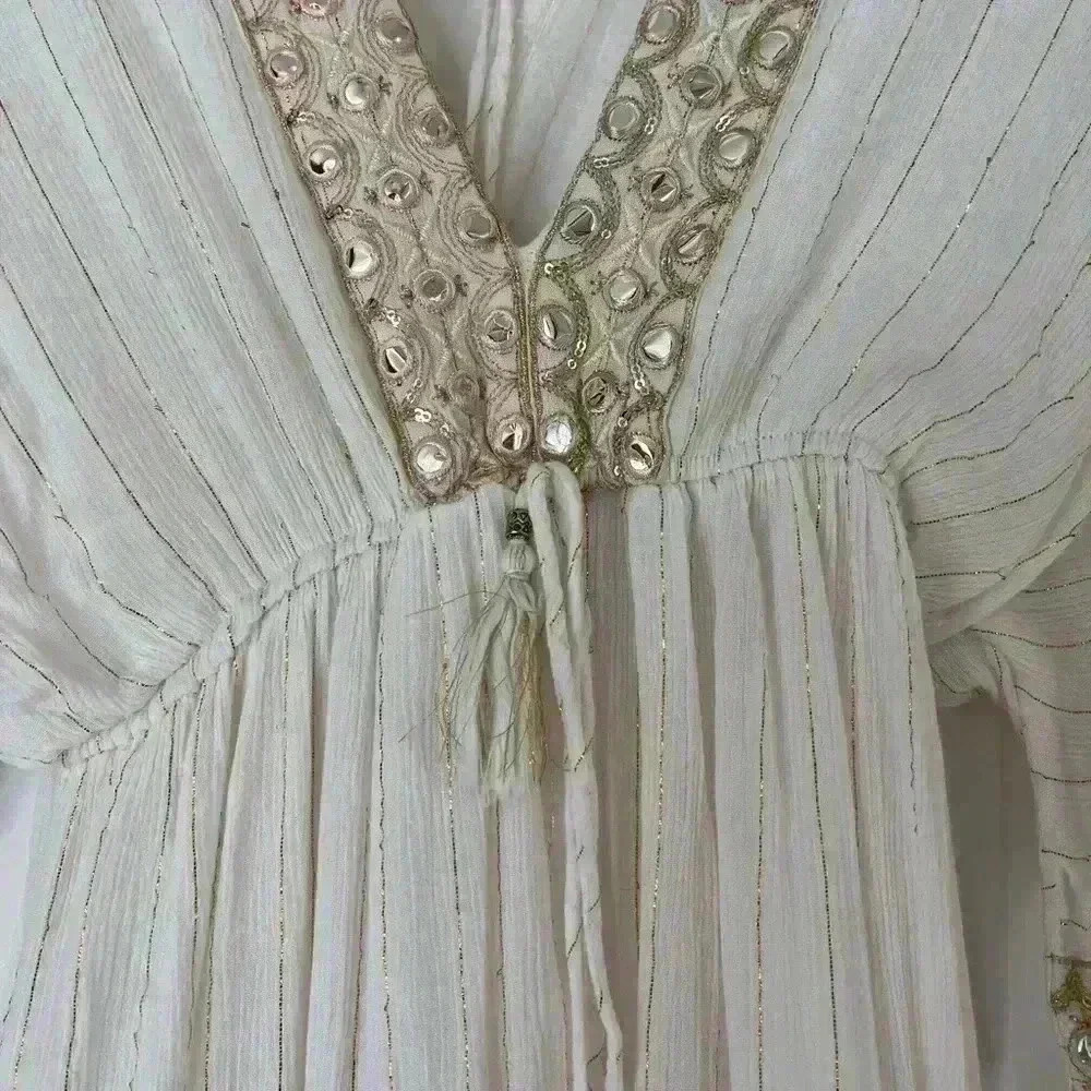 Ivory Boho Mirror Embellished Maxi Dress Viscose Kaftan Festival Beach Resort - Picture 12 of 17